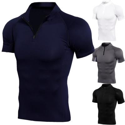 China Short Sleeve Men's Stand Up Zipper Breathable Fitness T-Shirt for sale