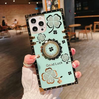 China Luxury Square Anti-drop Case For iPhone 11pro 2020 Max Mobile Good Luck Ring Kickstand Flower Girl Fancy Back Cover for sale