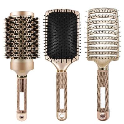 China Nondisposable Hot Selling Luxury Rubber Grip Hair Comb Sweep Curly Hair Round Big Gold Hair Brush Set Gold for sale