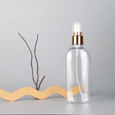 China 110 ml Cosmetische gerecyclede flate mist parfumflessen cosmetische kunststof luxe heldere spuitfles met gouden pomp Te koop