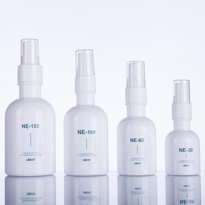 China 30ml 60ml 100ml 150ml cosmetic unique design round neck long neck lotion pump and fine mist spray bottle for sale