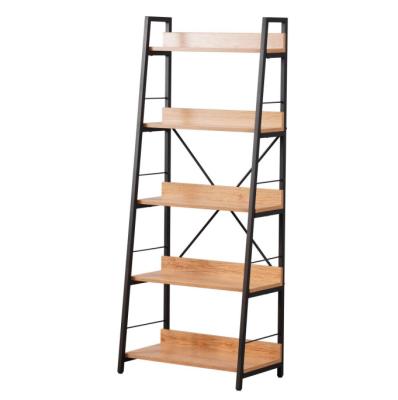 China (Height)Adjustable Living Room Bookcase Metal And Wooden Ladder Shelf Bookcase 5 Layers for sale