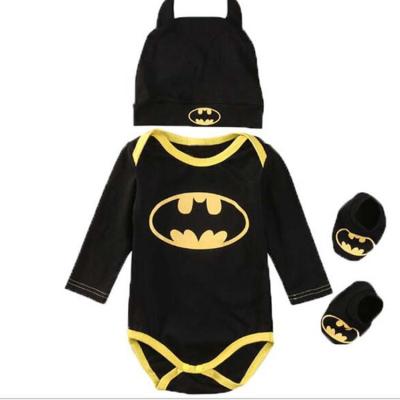 China Comfortable Baby Clothes HY-009 3 pcs sets super hero baby bodysuits baby boys print cartoon bat man baby romper clothing with shoes and cap for sale