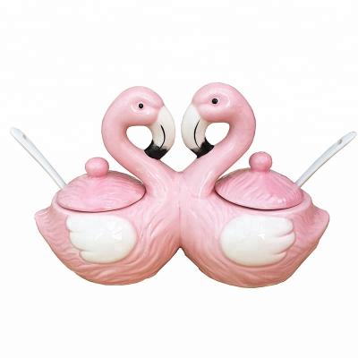 China Viable Love Pink Flamingo Birds Ceramic Spice Jar Set With Lid for sale