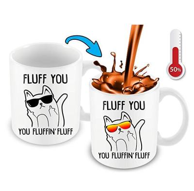 China Viable Funny Cat Coffee Mug Heat Sensitive Middle Finger Color Changing Ceramic Coffee Mug for sale