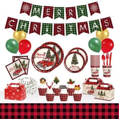 China Disposable Holiday Paper Tableware Merry Christmas Set Plates Cups Merry Christmas Paper Plate Christmas Decorations for sale