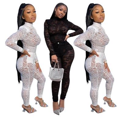 China QUICK DRY Sexy Long Sleeve Nightclub Set Lace See Through Women Pants Two Piece Set for sale