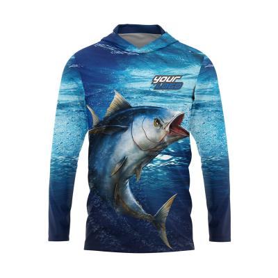 China Professional Manufacturer Antibacterial Outdoor Custom Sublimated 100% Polyester UV Hooded Fishing Shirt With Logo for sale