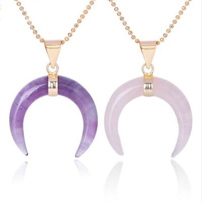 China CLASSIC ml Natural Amethyst Crystal Gemstone Pendant Yellow Gold Plated Rose Quartz Moon Shape Stone Pendant For Men Women Jewelry for sale