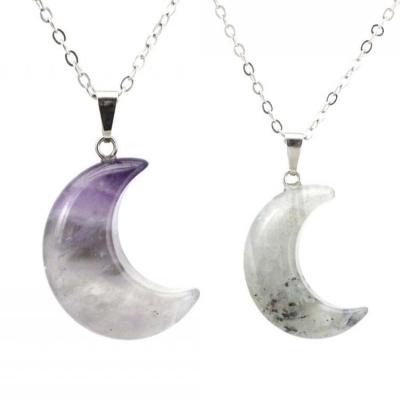 China Reiki CLASSIC Natural Labradorite Quartz Crescent Moon Necklace Healing Crystal Stone ML Pendant Chain Necklace for sale