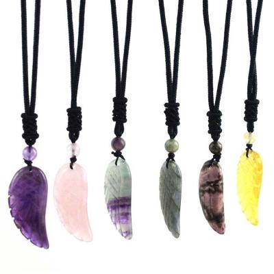 China ML Fashion Natural Stone Angel Wing Necklace Amethyst Crystal Rose Quartz Stone Pedant Black Rope Chain Pendant Necklace for sale