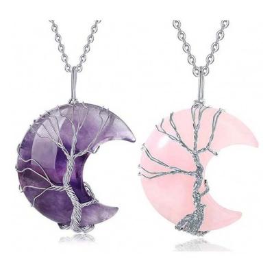 China CLASSIC ml Tree of Life Thread Wrapped Crescent Moon Pendant Necklace Reiki Healing Crystal Stone Necklace Natural Gemstone Quartz Jewelry for sale