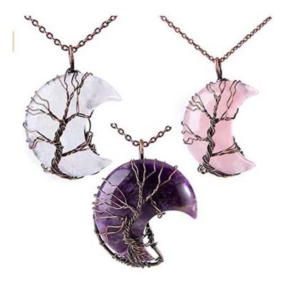 China CLASSIC ml Tree of Life Thread Wrapped Crescent Moon Pendant Necklace Reiki Healing Crystal Stone Necklace Natural Gemstone Quartz Jewelry for sale