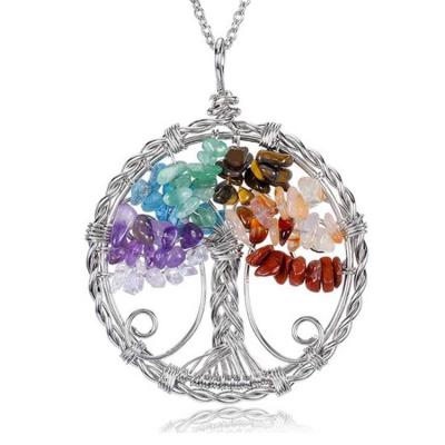 China CLASSIC Healing Crystal Necklace Tree of Life Thread Chakra Wrapped Gemstone Quartz Stone Pendant Reiki Necklaces Chain Jewelry for sale