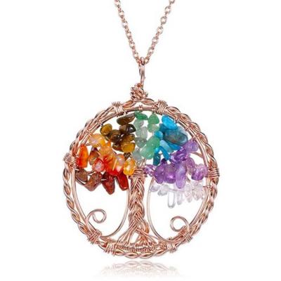 China CLASSIC Healing Crystal Necklace Tree of Life Thread Chakra Wrapped Gemstone Quartz Stone Pendant Reiki Necklaces Chain Jewelry for sale