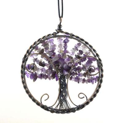 China CLASSIC Natural Crystal Quartz Stone Pendant Chakra Reiki Healing Tree of Life Round Shape Wire Wrapped Pendant Hanging Decoration for sale