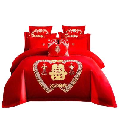 China Bed cotton wedding four-piece cover set60sRed style six-piece set new party banquet wedding quilt cover for sale