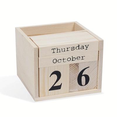 China Mini Table Calendar Decoration Handmade English Desktop Wooden Block Calendar for sale