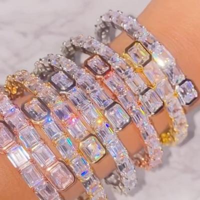 China 2022 Luxury Romantic Bangle Bracelets New Products Iced Out CZ Diamond Baguette Bracelet Open Cuban Link Chain Clap Bracelets Jewelry for sale