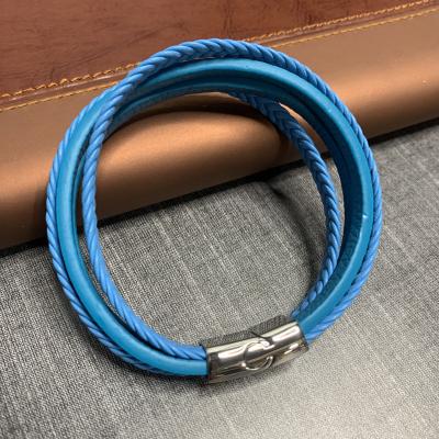 China Punk 2021 Man Blue Stainless Steel Leather Bangle Bracelet Fashion Sky Blue Multi Layer Women Wrap Leather Bracelet Bangle Jewelry for sale