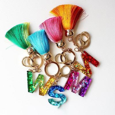 China Enviromental Friendly Wholesale Bag Charm Glitter Initial Alphabet Capital Chain 26 Resin Letters Tassel 26 Gradient Sequin Gradient Car Pendant Key Ring for sale