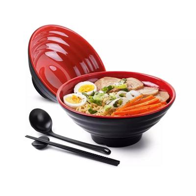 China Viable Large 37 oz Melamine Ramen Noodle Bowls and Custom Red Black Plastic Soup Spoons Set with Chopsticks for sale