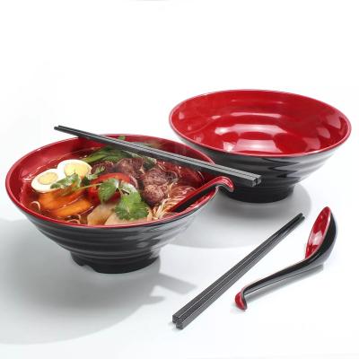 China New Japanese Style Viable Plastic Bowls Black Melamine Red Soup Noodle Ramen Bowl With Spoon And Chopsticks for sale