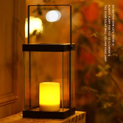 China Hot Selling Waterproof Black Metal LED Glass Solar Garden Candle Lantern Outdoor Light for sale