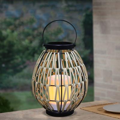 China Outdoor Waterproof Flameless Hanging Solar Powered Led Solar Lantern Garden Handmade Natural Wedding Candle Rattan for sale