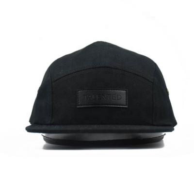 China COMMON Wholesale Custom Leather Patch Logo Flat Brim 5 Panel Hat for sale