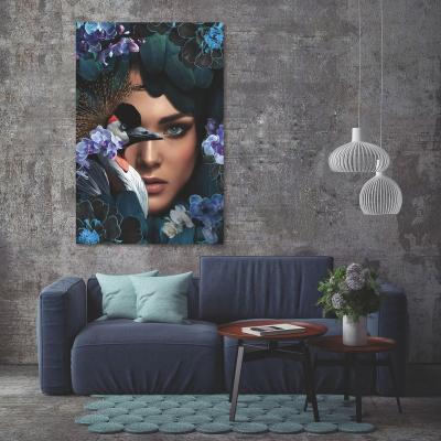 China Modern Model Picture of Woman with Bird Flower Glass Wall Decor for Home Decoration Ready to Hang for sale