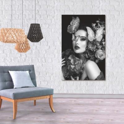 China Modern Black And White Butterfly Flowers Elegant Woman Glass Wall Panel Bloom Decorative Art For Hotel Home Decor Ready To Hang for sale