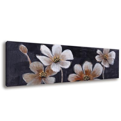 China Modern high quality handmade large and brown oil painting white flower on black canvas wall art for bedroom decoration ready to hang for sale