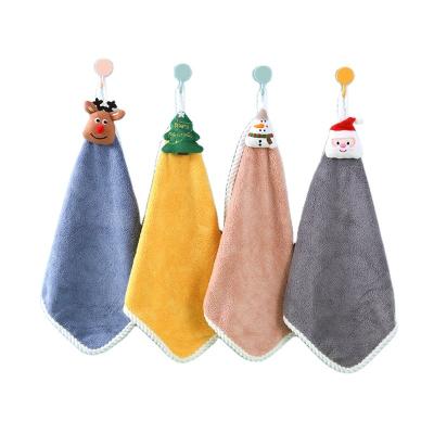 China Safe Gift Coral Fleece Kitchen Bathroom Cartoon Hanging Absorbent Hand Towel For Kids Christmas for sale