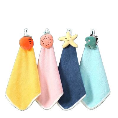 China Kitchen Coral Bathroom Cartoon Fleece Child Safe Creative Hanging Absorbent Hand Towel for sale