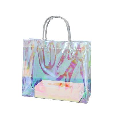 China Wholesale Custom PVC Reusable Logo Bag Rainbow Hologram Clear Tote Bag Reusable Holographic Laser Shopping for sale