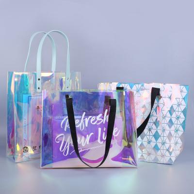 China Factory Price Luxury Waterproof Holographic Laser Logo Custom PVC Reusable Tote Shopping Bag for sale