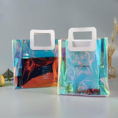 China Reusable Luxury Waterproof Holographic Clear Tote Bags With Logo Women Handbags PVC Shopping Bag for sale