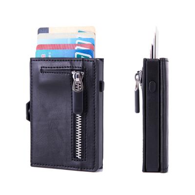 China 2023 Fashion Mens RFID Anti-theft Aluminum Box PU Card Case Zipper Coin Purse Leather Wallet Pop Up Card Holders for sale