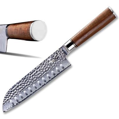 China Popular VG10 Damascus Steel Hammer Pattern Blade Ergonomic Wood Handle Real 7 Inch Santoku Knife for sale