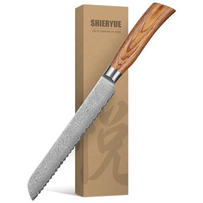 China Stocked Shieryue OEM Customized Damascus Steel Kitchen Knives Bread Knife With Pakka Wood Handle for sale