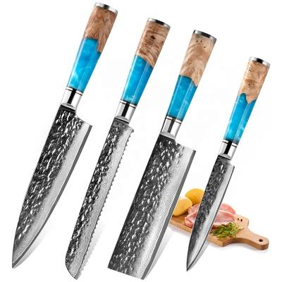 China Custom Cooking High Carbon Steel 4pcs Handle 4pcs Chef Knife Resin And Wood Chef Knife Set Damascus Knives for sale