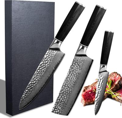 China Stocked 3 PCS Professional Damascus G10 Handle Chef Knives Steel Set for sale