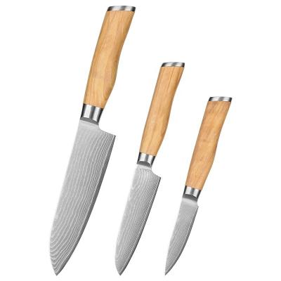 China Chef Charming High Carbon Steel Knives Core Set vg10 Knife Set Damascus Design Olive Wood Handle for sale