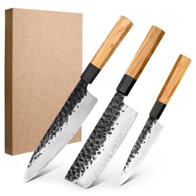 China Stocked 3 Pieces Kitchen Knife Set Japanese Chef Knives Set, Wooden Handle Hand Forged Knife Set for sale