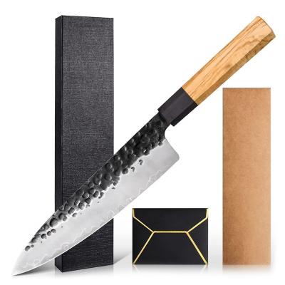 China Black Surface Japanese Chef Knives Three-Layer Composite Steel Master Chef Knife Hand-Forged Stocked Knife With Olivewood Handle for sale