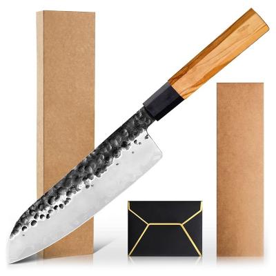 China Japanese Santoku 7 Inch Blade Kitchen Knife Sharp Three-Layer Stocked Plated Steel Chef Knife With Olivewood Handle for sale