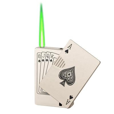 China Wholesale Vintage Creativity Custom Printing LED Poker Shaped Model Metal Butane Gas Green Flame Windproof Cigarette Lighter for sale