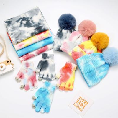 China Outdoor Pompom Beanie Tie Dye Hat COMMON Winter Beanie and Glove Set for sale