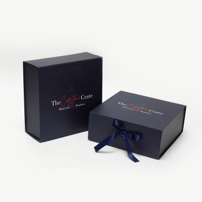 China Matte Lamination Gift Boxes With Navy Blue Cardboard Recyclable Rigid Luxury Flat Paper White Black Ribbon for sale